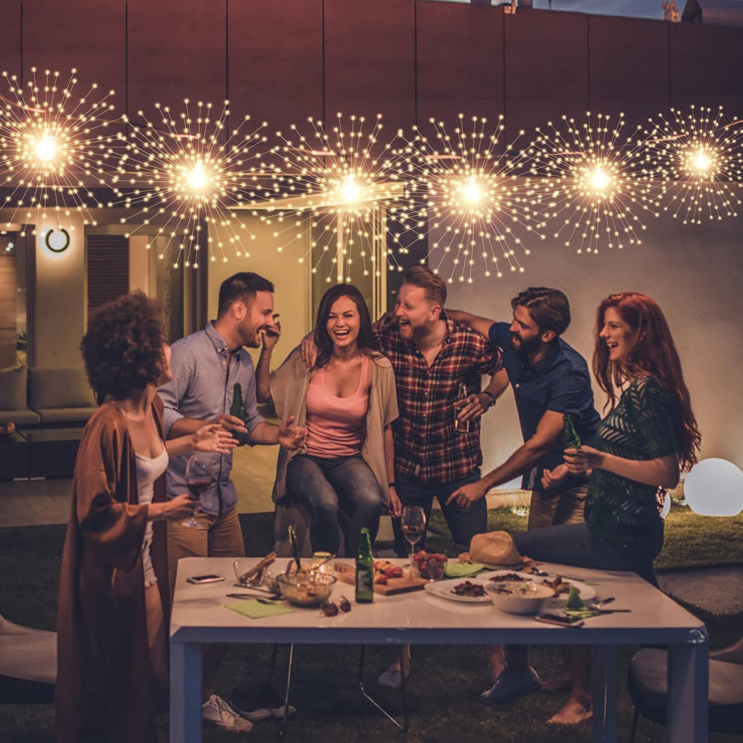 Solar Starburst Sphere Lights,200 LED Firework Light, 8 Modes Dimmable Waterproof Hanging Fairy Light, Copper Wire Lights for Patio Tent Parties Christmas -NO Remote (Warm White)